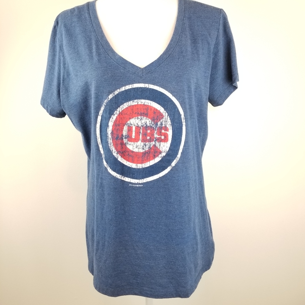 Chicago Cubs V Neck Graphic Tee Women's XL Blue MLB Baseball Shirt